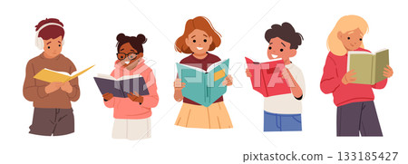 Smart children cartoon girl and boy characters reading classic traditional paper books isolated set Smart children cartoon girl and boy characters reading classic traditional paper books isolated set 133185427
