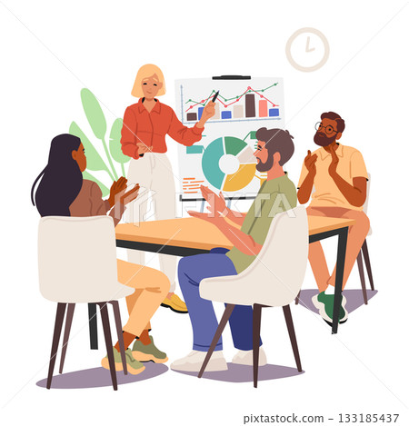 Team congratulating female colleague finished presentation of new business project cartoon scene 133185437