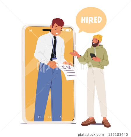 Happy excited job candidate exuberantly rejoicing after receiving positive answer from HR manager Happy excited job candidate exuberantly rejoicing after receiving positive answer from HR manager 133185440