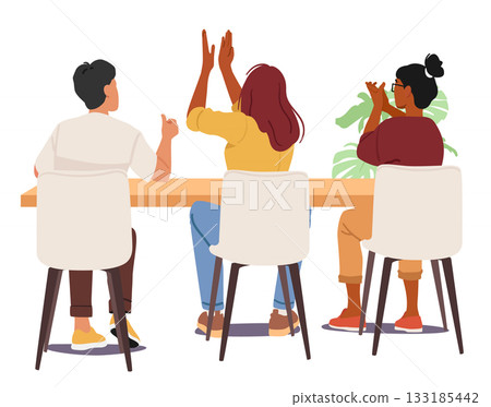 Business team applauding with congratulations and support sitting at office table view from back 133185442