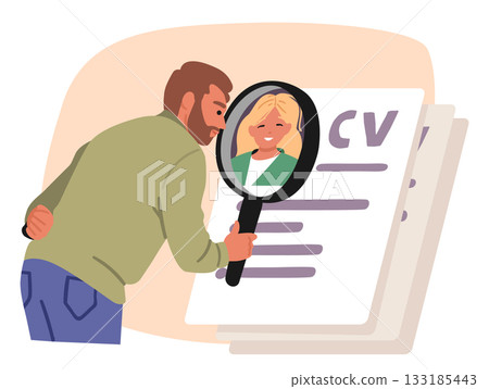 Employer male cartoon character looking for candidates with magnifying glass reading CV form Employer male cartoon character looking for candidates with magnifying glass reading CV form 133185443