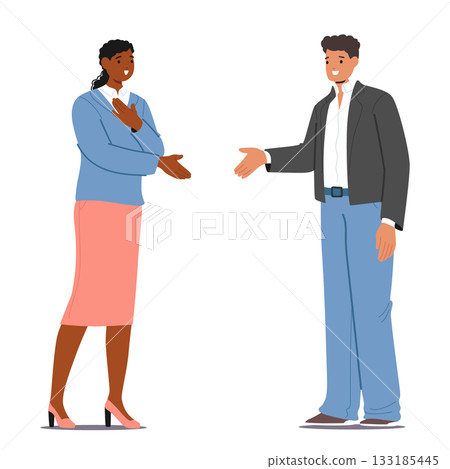 Man employer spreading arm for handshake congratulating female candidate with positive recruitment 133185445