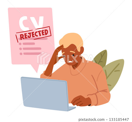 Upset man cartoon character candidate receiving rejected CV form notification on laptop computer Upset man cartoon character candidate receiving rejected CV form notification on laptop computer 133185447