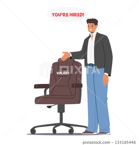 Employer businessman cartoon character pointing at vacant place towards empty position in armchair 133185448