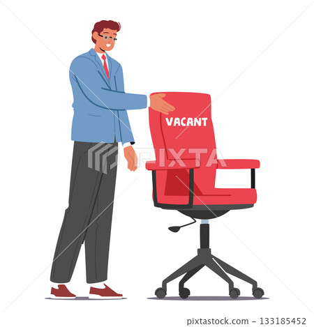 Businessman cartoon character pointing at empty office armchair offering open vacant workplace 133185452