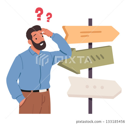 Businessman character scratching head thinking hard looking confused standing before roadsign pole 133185456