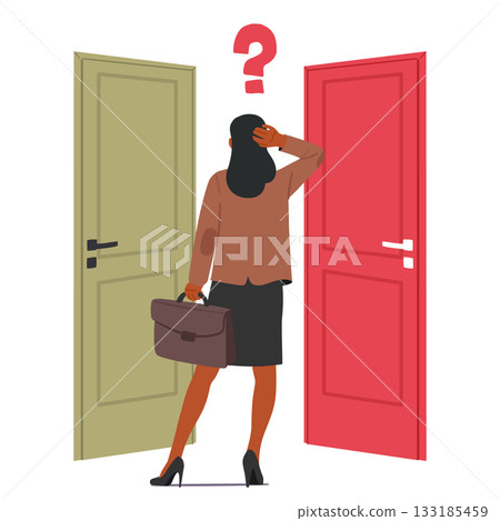 Businesswoman character feeling confused and perplexed thinking choosing between two symbolic doors 133185459