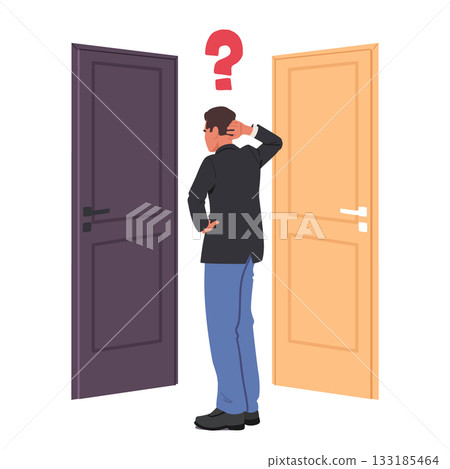 Confused businessman cartoon characters standing front of two doors making critical choice 133185464