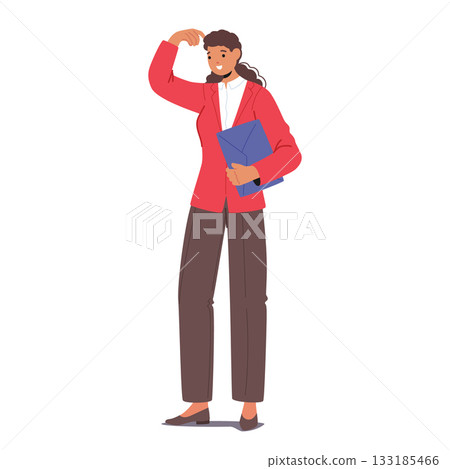 Thoughtful businesswoman cartoon character wearing formal suit holding folder isolated on white Thoughtful businesswoman cartoon character wearing formal suit holding folder isolated on white 133185466