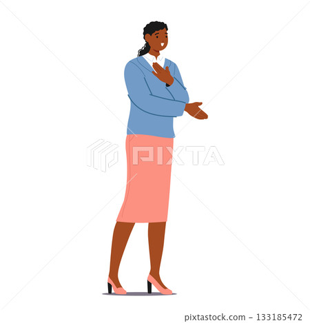Woman HR manager character spreading arm for handshake introducing herself isolated on white Woman HR manager character spreading arm for handshake introducing herself isolated on white 133185472