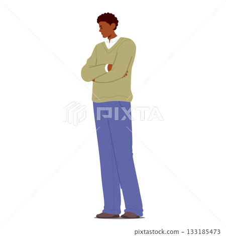 Pensive doubt man cartoon character with arms crossed on chest deeply thinking on problem solving 133185473