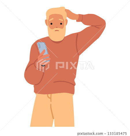 Mature man cartoon character looking at phone screen making decision choosing correct answer 133185475