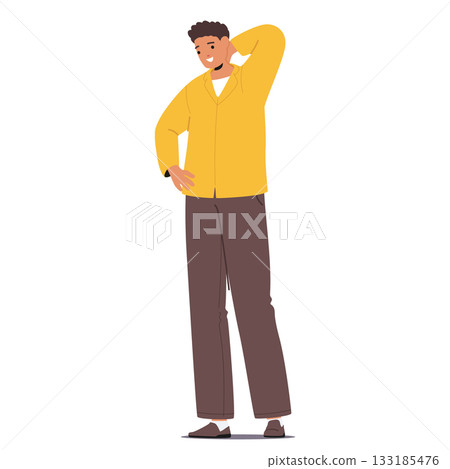Pensively smiling guy job seeker character thinking about vacancy offer and career opportunity Pensively smiling guy job seeker character thinking about vacancy offer and career opportunity 133185476