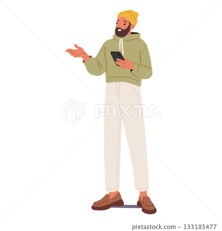 Hipster guy character in casual wear engaged in a conversation holding mobile phone in hands Hipster guy character in casual wear engaged in a conversation holding mobile phone in hands 133185477