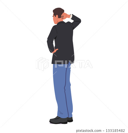 Businessman character scratching head standing back side showcasing overthinking about decision 133185482