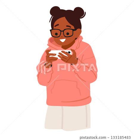 Happy smiling interested girl cartoon character reading digital book on smartphone isolated on white Happy smiling interested girl cartoon character reading digital book on smartphone isolated on white 133185483
