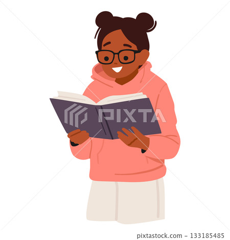 Nerd girl child cartoon bright student character reading paper book isolated on white background Nerd girl child cartoon bright student character reading paper book isolated on white background 133185485