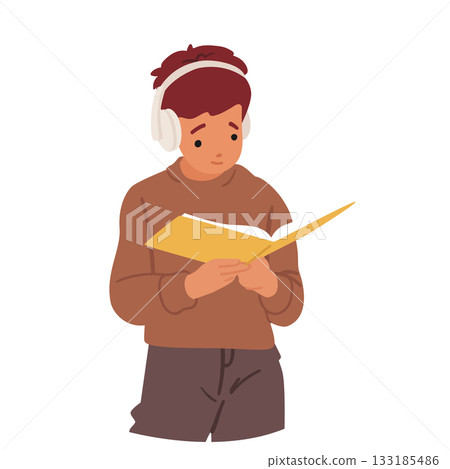 Little boy child cartoon character wearing headphones reading paper book isolated on white Little boy child cartoon character wearing headphones reading paper book isolated on white 133185486
