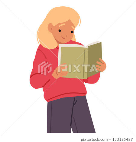 Smart preschool girl cartoon character happily reading story book enjoying early development Smart preschool girl cartoon character happily reading story book enjoying early development 133185487