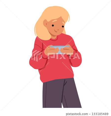 Excited little girl cartoon preschooler character reading ebook on mobile phone isolated on white Excited little girl cartoon preschooler character reading ebook on mobile phone isolated on white 133185489