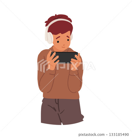 Cute little boy child cartoon character reading book using mobile phone and headphones portrait Cute little boy child cartoon character reading book using mobile phone and headphones portrait 133185490