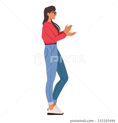 Young businesswoman cartoon character applauding sharing congratulations isolated on white Young businesswoman cartoon character applauding sharing congratulations isolated on white 133185494