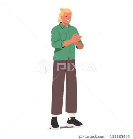 Casual man cartoon character applauding with friendly smile on face sharing congratulations Casual man cartoon character applauding with friendly smile on face sharing congratulations 133185495
