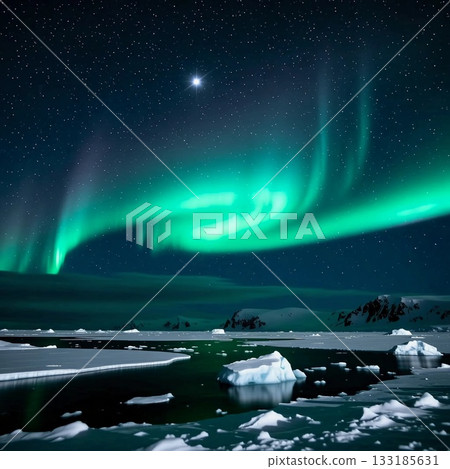 Bright green auroras dance across the night sky over a serene tundra landscape. Icebergs float in tranquil waters, creating a stunning winter wonderland during the holidays Generative AI Bright green auroras dance across the night sky over a serene tundra landscape. Icebergs float in tranquil waters, creating a stunning winter wonderland during the holidays Generative AI 133185631