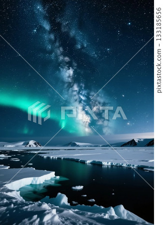 Bright northern lights dance across the night sky, casting vibrant green hues over the icy tundra Generative AI Bright northern lights dance across the night sky, casting vibrant green hues over the icy tundra Generative AI 133185656