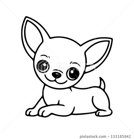 Cute chihuahua puppy lying down with big eyes in a playful pose on a white background 133185842