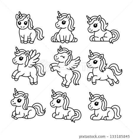 Colorful cartoon unicorns in various poses and expressions, ideal for children s art projects or fun designs Colorful cartoon unicorns in various poses and expressions, ideal for children s art projects or fun designs 133185845