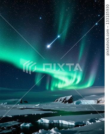 Vibrant auroras paint the night sky with green tones above the tranquil tundra. The icy landscape reflects the enchanting lights, creating a magical holiday atmosphere Generative AI Vibrant auroras paint the night sky with green tones above the tranquil tundra. The icy landscape reflects the enchanting lights, creating a magical holiday atmosphere Generative AI 133185930