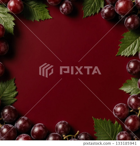 A beautiful arrangement of fresh red grapes surrounds a deep red background. Lush green leaves enhance the vibrant display, creating a natural feel Generative AI 133185941