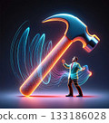 Confronting the mighty tool a man and a glowing hammer. A man stands in awe before an oversized, glowing hammer.  133186028