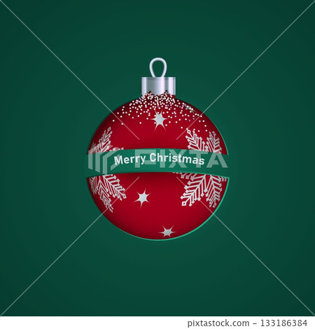 Merry Christmas and Happy New Year Paper cut and embossed design featuring a red Christmas ball on a green background. Snowflake decoration. Vector 133186384