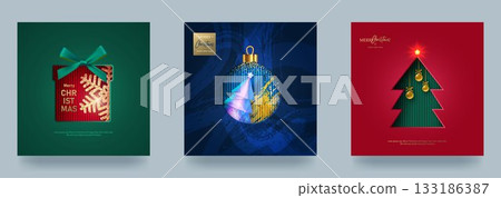 A set of Christmas and New Year s cards. Christmas trees, baubles, and gift boxes cut out of paper on a bright background 133186387