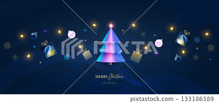 Christmas card, bright banner, poster, cover. Modern Christmas design with a 3D tree, baubles, and decorations. Snowflakes, snow, brush strokes. Sophisticated dark blue background. Vector 133186389