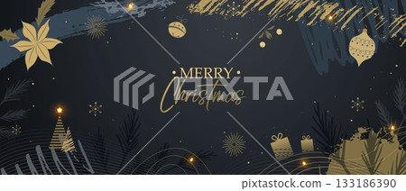 Christmas card, bright banner, poster, cover. Modern Christmas design with hand-drawn trees, baubles, and decorations. Snowflakes, snow, brush strokes. Sophisticated dark background. 133186390