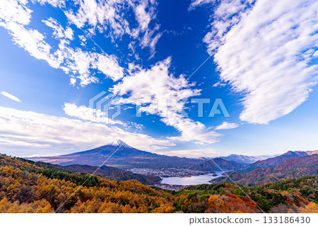 [Yamanashi Prefecture] Dynamic clouds and Mount Fuji beyond the yellow leaves of larch trees 133186430