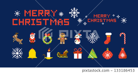 Pixel Merry Christmas Objects Set Pixel Merry Christmas Objects Set 133186453