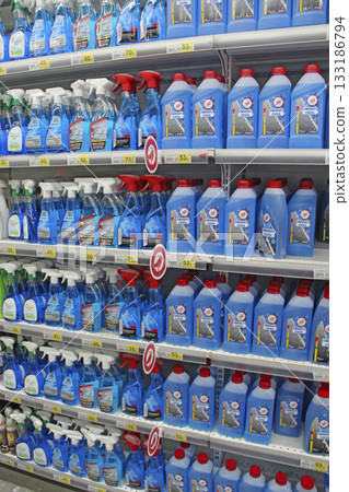 Detergents for bath and kitchen shelves of supermarket store Detergents for bath and kitchen shelves of supermarket store 133186794