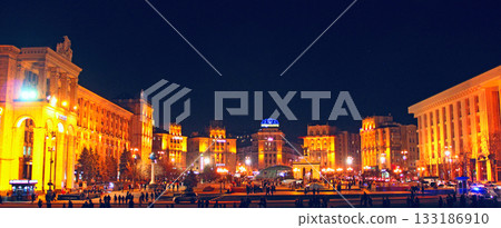 Panorama of Independence Square in Kyiv at night. Lights of night city Panorama of Independence Square in Kyiv at night. Lights of night city 133186910