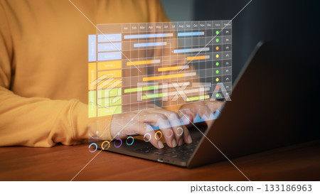 Close-up of hands typing on laptop with digital project management dashboard, Gantt chart, tasks, analytics, and progress tracking, symbolizing productivity, planning, teamwork, and business strategy. Close-up of hands typing on laptop with digital project management dashboard, Gantt chart, tasks, analytics, and progress tracking, symbolizing productivity, planning, teamwork, and business strategy. 133186963