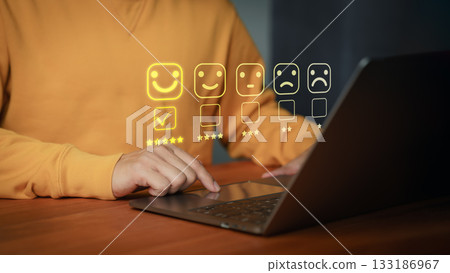 Customer satisfaction survey concept showing a 5 star rating system through an online application, customers evaluate product and service quality, high satisfaction levels and share feedback reviews. 133186967