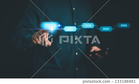 Businessman pointing at digital timeline with glowing years 2026 to 2030, symbolizing business planning, target, future growth strategy, project roadmap, and technology-driven forecasting. 133186981