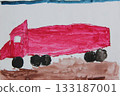 Childish drawing with red truck on white background. Artwork with drawing 133187001