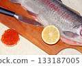 Rainbow trout fish on ready for cooking with lemon. Tasty fish dish 133187005