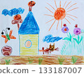 Childish drawing of house flowers and butterflies 133187007