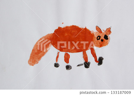 Childish drawing of funny red cat. Fantasy of child Childish drawing of funny red cat. Fantasy of child 133187009