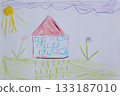 Childish drawing of house flowers and butterflies 133187010